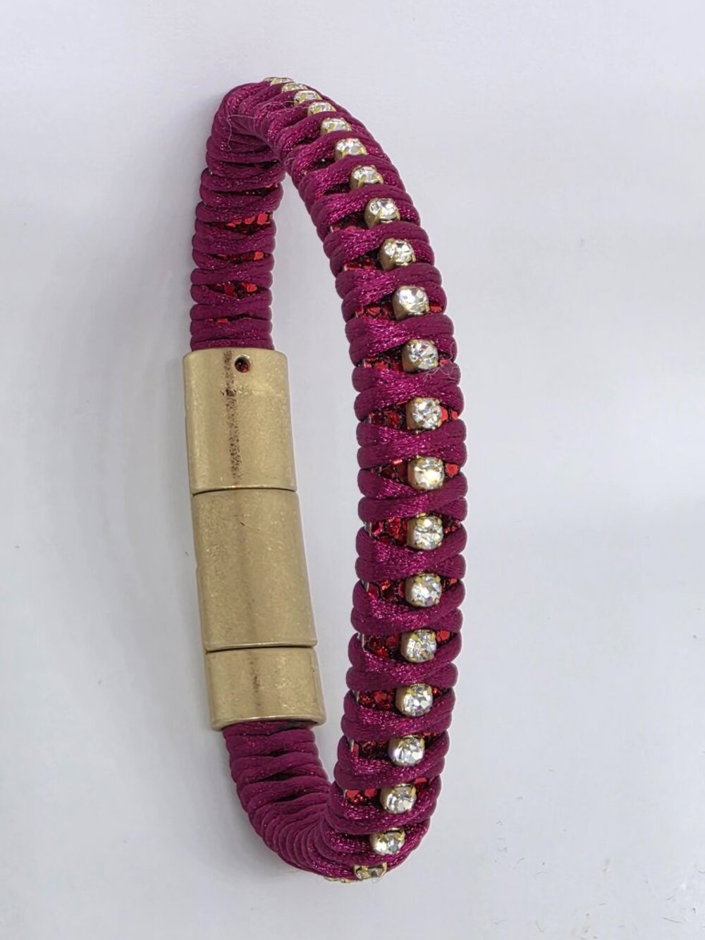 Plunder Design SUGARPLUM Bracelet Dark Red Satin Rhinestone Gold Magnetic Clasp